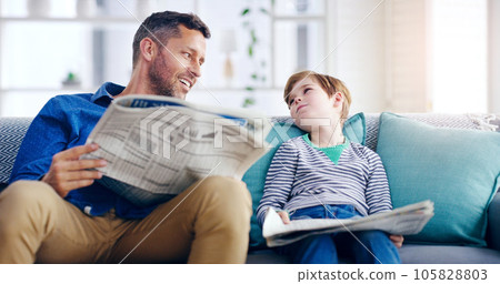 Father, child and reading newspaper on sofa relaxing together in the living room at home. Happy dad and kid enjoying the news in relax on lounge couch for knowledge on weekend or holiday at the house 105828803