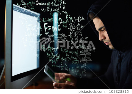 Phone coding, computer and hacker man with software code, password hacking and math or digital overlay. Online crime, cybersecurity and programmer person in hoodie, mobile app or pc and data hologram Phone coding, computer and hacker man with software code, password hacking and math or digital overlay. Online crime, cybersecurity and programmer person in hoodie, mobile app or pc and data hologram 105828815