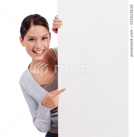 Billboard mock up, portrait and happy woman point at news banner, retail promotion deal or commercial poster. Studio placard gesture, sales discount mockup and person isolated on white background 105828816