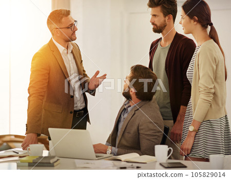 Meeting, leadership and training with a manager talking to his team in the office for upskill training. Planning, strategy and collaboration with a business man teaching his employee staff at work 105829014