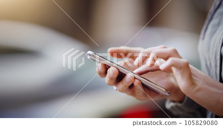 Woman hands, smartphone and scroll social media in the city with communication and technology outdoor. Female person online in urban street, connectivity and mobile app with mockup space and texting 105829080