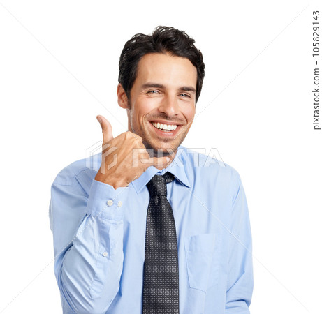 Businessman, studio portrait and call me hand for consulting or vision on backdrop for networking. Corporate executive man, happy or call for work as financial advisor isolated by white background 105829143