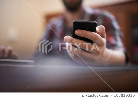 Closeup, phone and hand of man for communication, social media and contact. Text message, internet and technology with male person and typing on mobile for connection, online and digital app 105829330