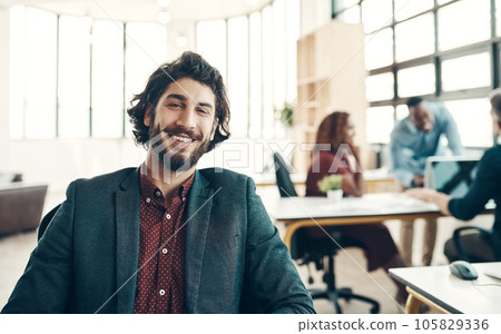 Creative office, portrait of happy man in coworking space or design agency, start up business and entrepreneur at studio. Boss with creativity, ideas and happiness, businessman with success and smile Creative office, portrait of happy man in coworking space or design agency, start up business and entrepreneur at studio. Boss with creativity, ideas and happiness, businessman with success and smile 105829336