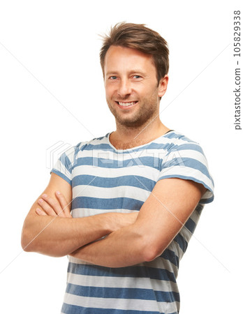 Crossed arms, fashion and portrait of man on a white background with confidence, happy and pride in studio. Smile, confident and isolated handsome male person with trendy, stylish and casual clothes Crossed arms, fashion and portrait of man on a white background with confidence, happy and pride in studio. Smile, confident and isolated handsome male person with trendy, stylish and casual clothes 105829338
