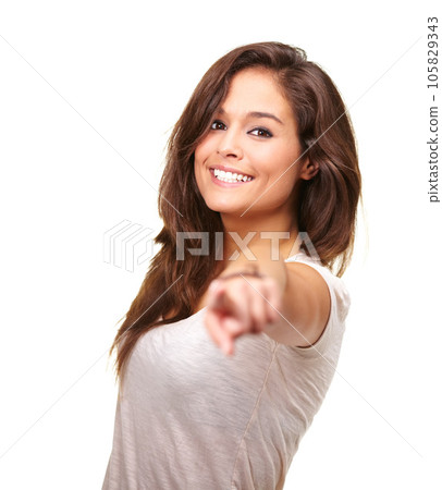 Isolated woman, portrait and point at you with smile, happiness or pick volunteer by white background. Girl, model or student pointing for hiring, recruitment or choice for accountability by backdrop Isolated woman, portrait and point at you with smile, happiness or pick volunteer by white background. Girl, model or student pointing for hiring, recruitment or choice for accountability by backdrop 105829343