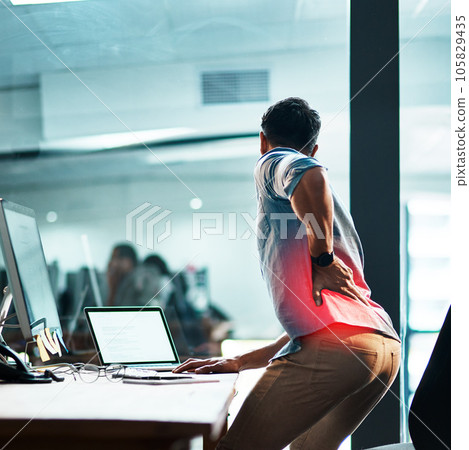 Back pain, injury and business man at desk with red muscle, health risk and fatigue in office. Uncomfortable employee with spine problem, bad posture and injured body with glow of burnout from stress 105829435