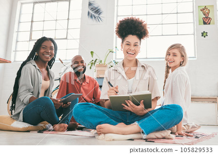 Laughing, happy and casual creative team planning strategy, brainstorming ideas and finding solution in office. Portrait of relaxed, smiling and confident colleagues working on startup marketing plan Laughing, happy and casual creative team planning strategy, brainstorming ideas and finding solution in office. Portrait of relaxed, smiling and confident colleagues working on startup marketing plan 105829533