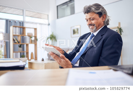 Tablet, smile and a senior business manager in his office for professional research or planning a project. Technology, schedule and a happy mature CEO man in the workplace for corporate management 105829774