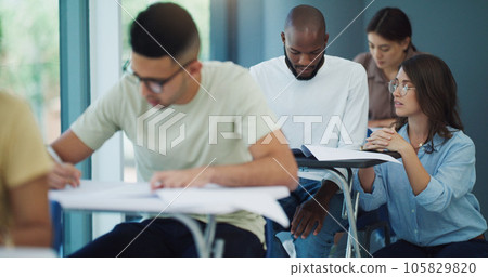 Exam, professor helping a student and knowledge with education, university and studying. Female person, employee and teacher in a classroom, advice and tips for test, assignment and discussion 105829820