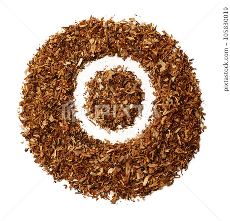 Letter O made of cigarettes dried smoking tobacco on white background Letter O made of cigarettes dried smoking tobacco on white background 105830019