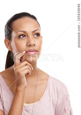Woman, face and thinking with inspiration and focus in studio, mindset and motivation isolated on white background. Reflection, solution and female vision with woman thinking of ideas and mockup Woman, face and thinking with inspiration and focus in studio, mindset and motivation isolated on white background. Reflection, solution and female vision with woman thinking of ideas and mockup 105830046