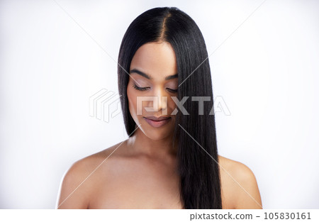 Serious, face and straight hair of woman in studio isolated on a white background for skincare. Growth, haircare and female model in natural makeup, cosmetics and salon treatment for hairstyle mockup 105830161