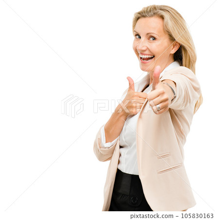Happy business woman, portrait and thumbs up for success isolated on a white studio background. Female person show thumb emoji, yes sign or like for approval, agreement and good job on mockup space 105830163