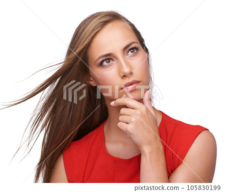 Thinking, ideas and thoughtful woman in studio for planning, wondering and daydreaming. Pensive, ponder and female model from Brazil brainstorming or contemplating while isolated by white background. 105830199