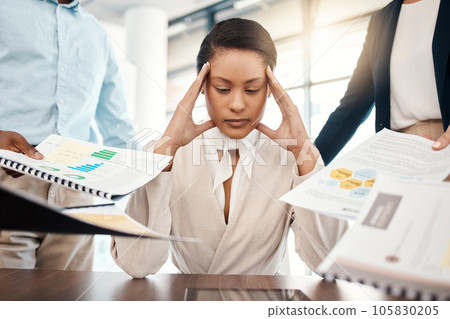 Stress headache, burnout and woman overwhelmed with workload with poor time management. Frustrated, overworked and tired lady with tablet at startup office, anxiety from deadline time pressure crisis Stress headache, burnout and woman overwhelmed with workload with poor time management. Frustrated, overworked and tired lady with tablet at startup office, anxiety from deadline time pressure crisis 105830205