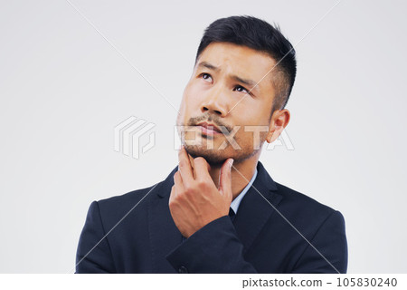 Thinking, doubt and an Asian businessman with ideas isolated on a white background in a studio. Idea, space and a corporate employee with a choice, decision or planning a question on a backdrop Thinking, doubt and an Asian businessman with ideas isolated on a white background in a studio. Idea, space and a corporate employee with a choice, decision or planning a question on a backdrop 105830240