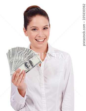 Business woman, money fan and studio portrait for investment, winning and achievement by white background. Isolated businesswoman, cash prize and success for winner with bonus, goal and profit 105830362