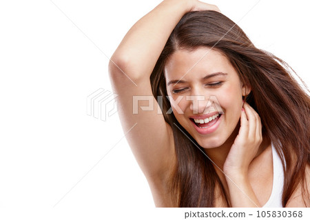 Woman, happy with hair and beauty for hair care, cosmetics and freedom isolated on white background. Keratin treatment with excited, face with happiness and skincare with natural cosmetic care mockup 105830368