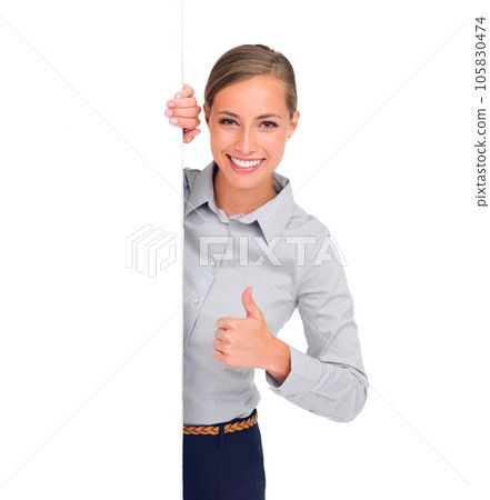 Happy woman, portrait and thumbs up with mockup space or banner for advertising against a white studio background. Isolated female person smile and thumb emoji, yes sign or like for business approval Happy woman, portrait and thumbs up with mockup space or banner for advertising against a white studio background. Isolated female person smile and thumb emoji, yes sign or like for business approval 105830474