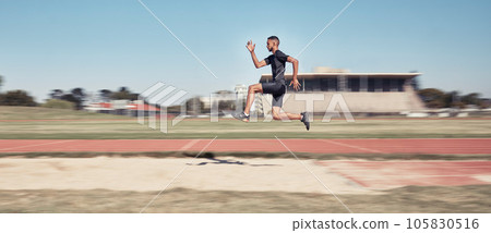 Runner, man jump and sports stadium for marathon training, fitness workout or wellness exercise on track. Athlete, speed and running energy or jumping for olympics high jump performanc and challenge Runner, man jump and sports stadium for marathon training, fitness workout or wellness exercise on track. Athlete, speed and running energy or jumping for olympics high jump performanc and challenge 105830516