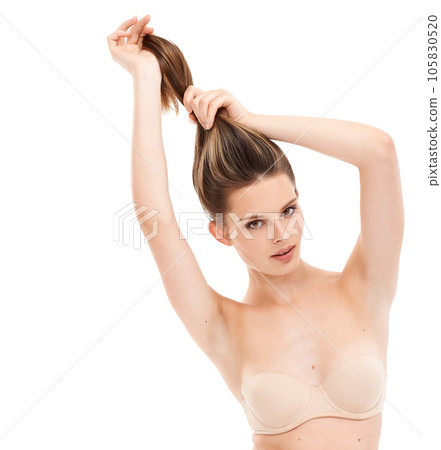 Hair care, portrait and woman model in studio with mockup space for natural, long and cosmetic hair style. Beauty, health and girl with keratin, brazilian or botox hair treatment by white background. 105830520