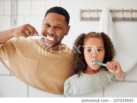 Child, father and brushing teeth in a family home bathroom for dental health. Face of happy african man and girl kid learning to clean mouth with toothbrush in mirror for morning routine or oral care 105830685