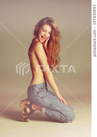 Beauty, fashion and topless happy woman in... - Stock Photo [105830693] -  PIXTA