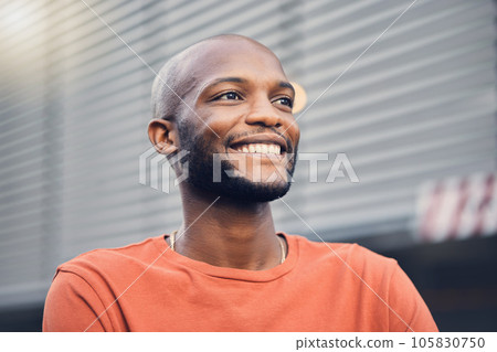 Black man, smile and thinking outdoor on a city street with a positive mindset, idea and opportunity. Face of happy African person or student on an urban road with casual style and freedom on travel 105830750