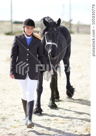 Walking, sports and portrait of woman and horse for equestrian, competition and celebration. Happy, smile and animal show with female jockey and stallion for achievement performance and training 105830778