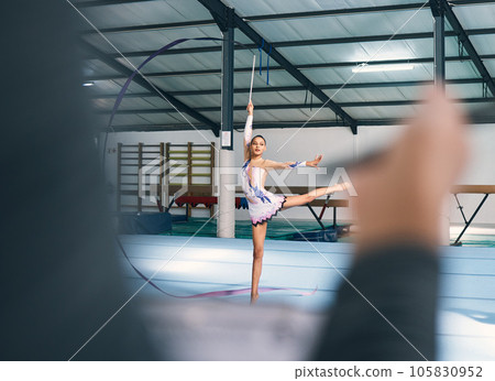Ribbon dance, sport checklist and woman gymnast with fitness, performance art and training. Gymnastics, dancing and show of a gymnastic dancer in competition with sports workout judge writing 105830952