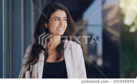 Corporate, thinking and business woman in city for morning, professional and happiness. Smile, idea and vision with face of female employee in urban outdoor for motivation, confident and pride 105830979