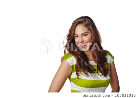 Woman, hair care and smile with beauty portrait, happy in mockup and fashion isolated on white background. Keratin, balayage and cosmetics, natural cosmetics with face and skin in headshot 105831016