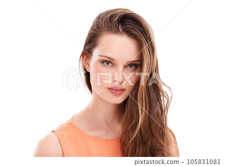 Beauty, hair and portrait of woman in studio for wellness, keratin treatment and hair products. Hair care aesthetic and girl on white background for cosmetics, hairstyle and luxury shampoo 105831081