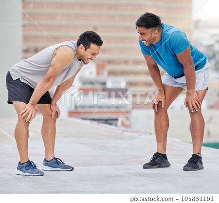 Fitness, exercise and friends talking on rooftop, comic joke and laughing together. Healthcare, happy and communication or discussion of men outdoors in city with smile after training for wellness. 105831101