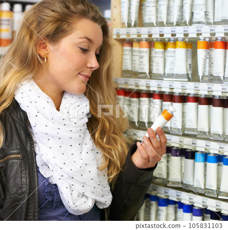 Woman, painter and shopping for supplies in store with oil, acrylic of water paint color on shelf. Female customer buying or reading art product for painting project choice or decision in retail shop Woman, painter and shopping for supplies in store with oil, acrylic of water paint color on shelf. Female customer buying or reading art product for painting project choice or decision in retail shop 105831103
