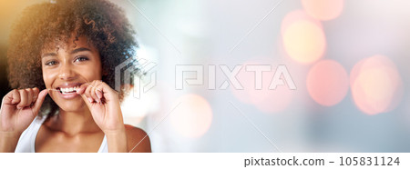Black woman, dental floss portrait and space for mockup, smile and happiness with afro, self care and cleaning, Young model, gen z african and happy with dentistry product, healthcare and wellness Black woman, dental floss portrait and space for mockup, smile and happiness with afro, self care and cleaning, Young model, gen z african and happy with dentistry product, healthcare and wellness 105831124