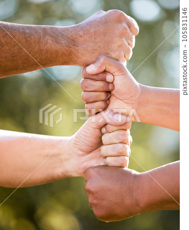 Fist stack, support and team building outdoor with solidarity, power and nature in summer sunshine. Group, people and hands together for trust, teamwork and motivation in park, garden or backyard 105831146