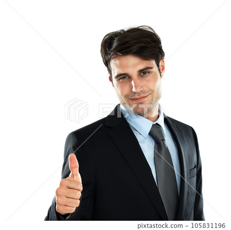 Business man, portrait and thumbs up to show success, support and yes hand sign. White background, isolated and happy employee with winner, thank you and motivation hands gesture ready for working Business man, portrait and thumbs up to show success, support and yes hand sign. White background, isolated and happy employee with winner, thank you and motivation hands gesture ready for working 105831196