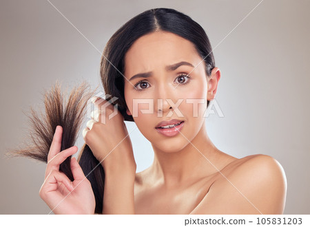 Have you seen these dry ends. an attractive young woman holding her hair and looking worried while posing in the studio. Have you seen these dry ends. an attractive young woman holding her hair and looking worried while posing in the studio. 105831203
