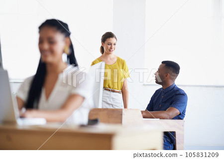 Computer, black man or woman training a worker in startup or research project in digital agency. Leadership, laptop or manager helping, coaching or speaking of SEO data or online branding to employee 105831209
