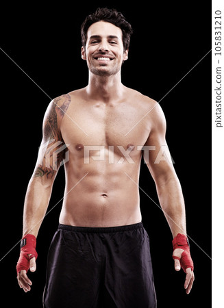 Boxer, body and portrait on black background in studio with professional training at the gym. Man, model and boxing champion train for fight at a competition during a workout for fitness and muscle. 105831210