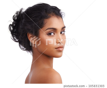 Portrait, skincare and Indian woman with beauty, cosmetics and lady isolated against a white studio background. Face, female person and confident model with dermatology, salon treatment and grooming 105831303