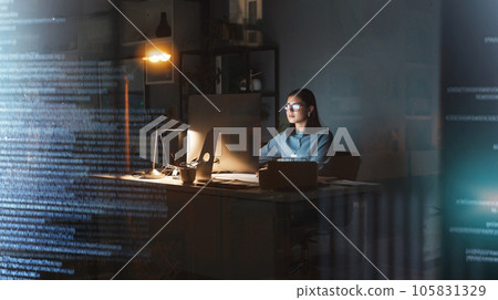 Business woman, computer or coding in night office for digital marketing web design, 3d database programming or digital transformation. Programmer, cyber security worker or futuristic code technology Business woman, computer or coding in night office for digital marketing web design, 3d database programming or digital transformation. Programmer, cyber security worker or futuristic code technology 105831329