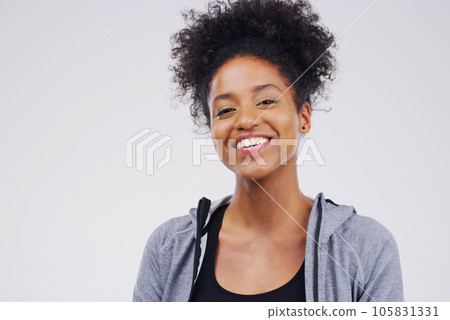 Portrait, mockup and black woman with a smile, fitness and confident girl against grey studio background. Face, female person or model with happiness, casual outfit or cheerful with positive attitude Portrait, mockup and black woman with a smile, fitness and confident girl against grey studio background. Face, female person or model with happiness, casual outfit or cheerful with positive attitude 105831331