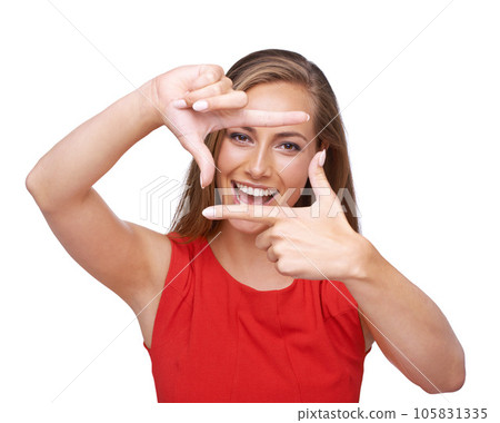 Creative, hand and frame portrait of woman with smile for inspiration, planning and photography. Happy, excited and natural model with creativity perspective on isolated white background. 105831335
