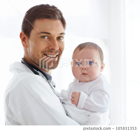 Portrait of happy man, pediatrician and baby for medical assessment, growth support and healthcare of children. Newborn kids, doctor and smile in clinic, hospital and consulting service in pediatrics 105831353
