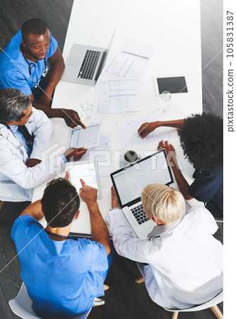Doctors, medical professionals or healthcare workers with laptop talking, meeting or planning hospital medicine treatment. Above view of diverse group of physician colleagues brainstorming with tech 105831387