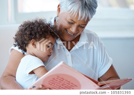 Family, girl and grandmother reading a book, story and quality time with happiness, bonding and fairy tale. Granny, female grandchild or kid with fun, literature or learning to read at home and relax Family, girl and grandmother reading a book, story and quality time with happiness, bonding and fairy tale. Granny, female grandchild or kid with fun, literature or learning to read at home and relax 105831393