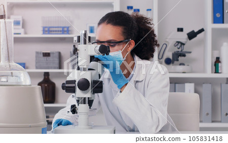 Science, medical and microscope with woman in laboratory for expert research, covid and planning. Idea, vaccine analysis and medicine with female scientist for chemistry, healthcare and pharmacy Science, medical and microscope with woman in laboratory for expert research, covid and planning. Idea, vaccine analysis and medicine with female scientist for chemistry, healthcare and pharmacy 105831418